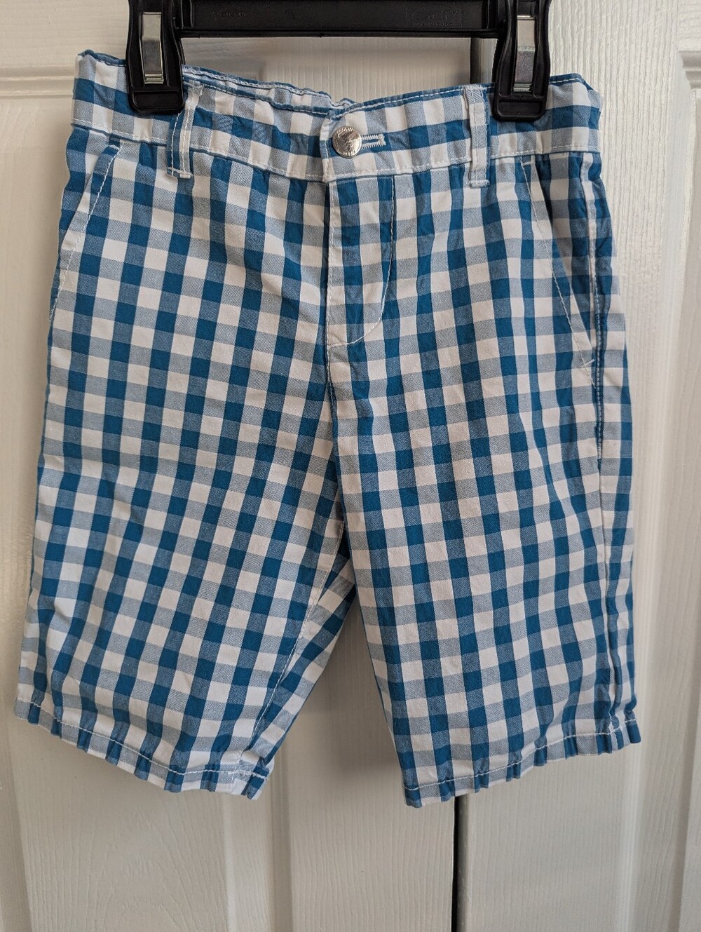 Jacadi Teal Blue and White Gingham Adjustable Waist Shorts Size 5A